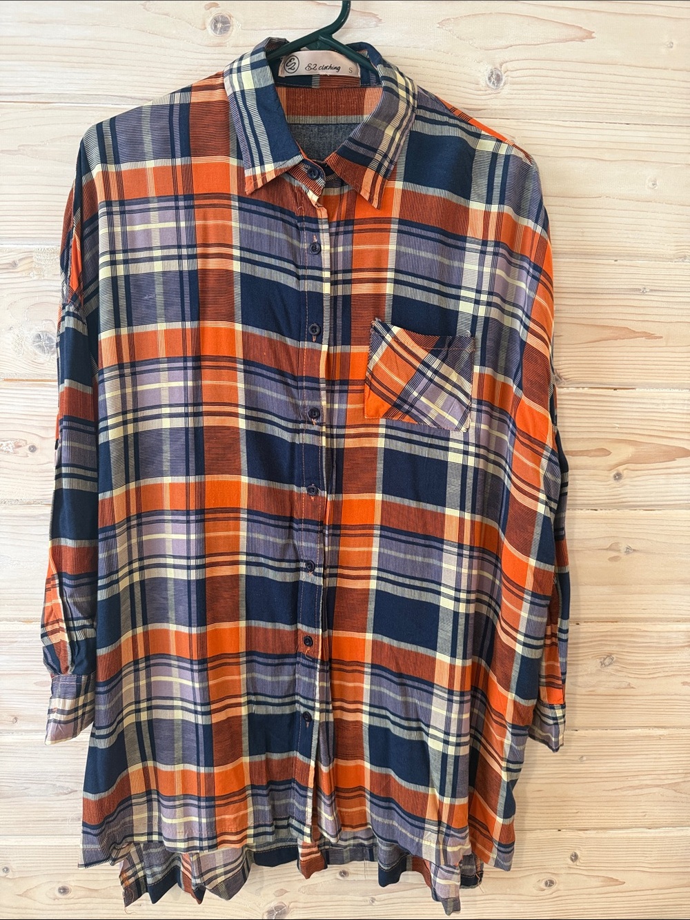 Plaid Button-Up Shirt - Orange Navy - long oversized